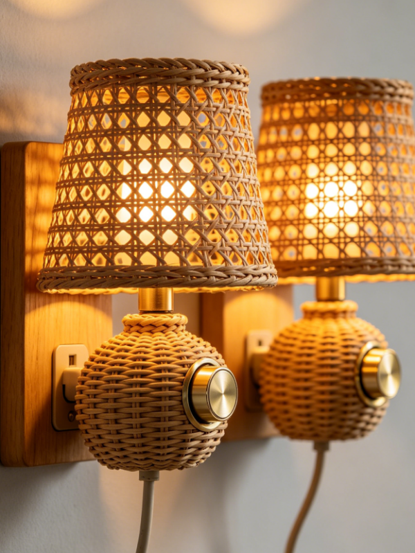 Two-Piece Rattan Plug-in Wall Lamp, Dimming Knob Switch