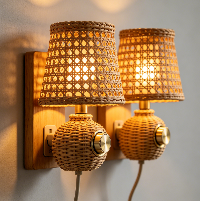 Two-Piece Rattan Plug-in Wall Lamp, Dimming Knob Switch